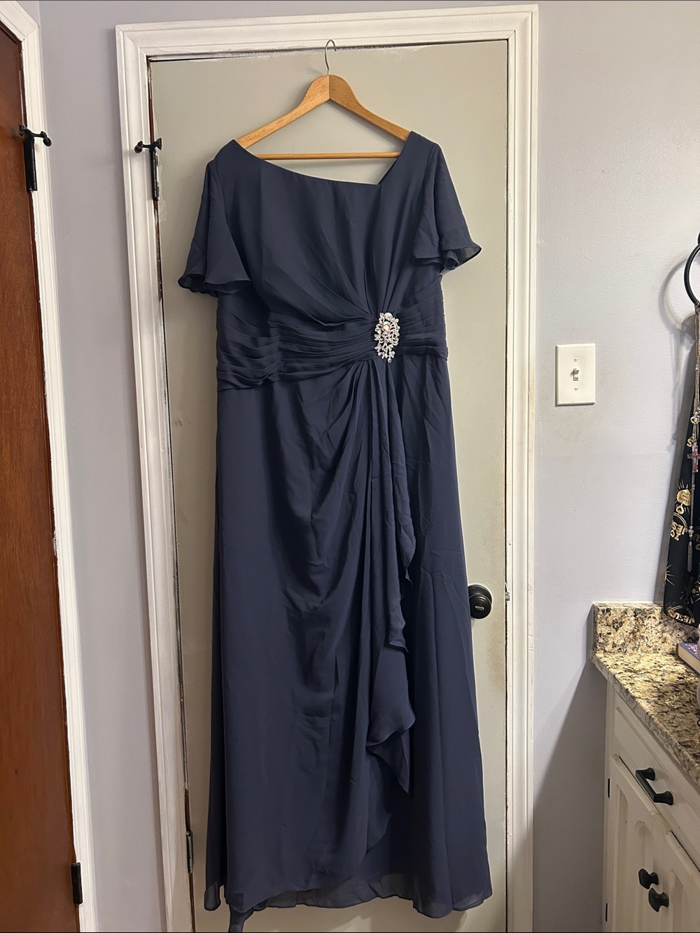 Navy Blue Chiffon Evening Dress with Brooch Accent